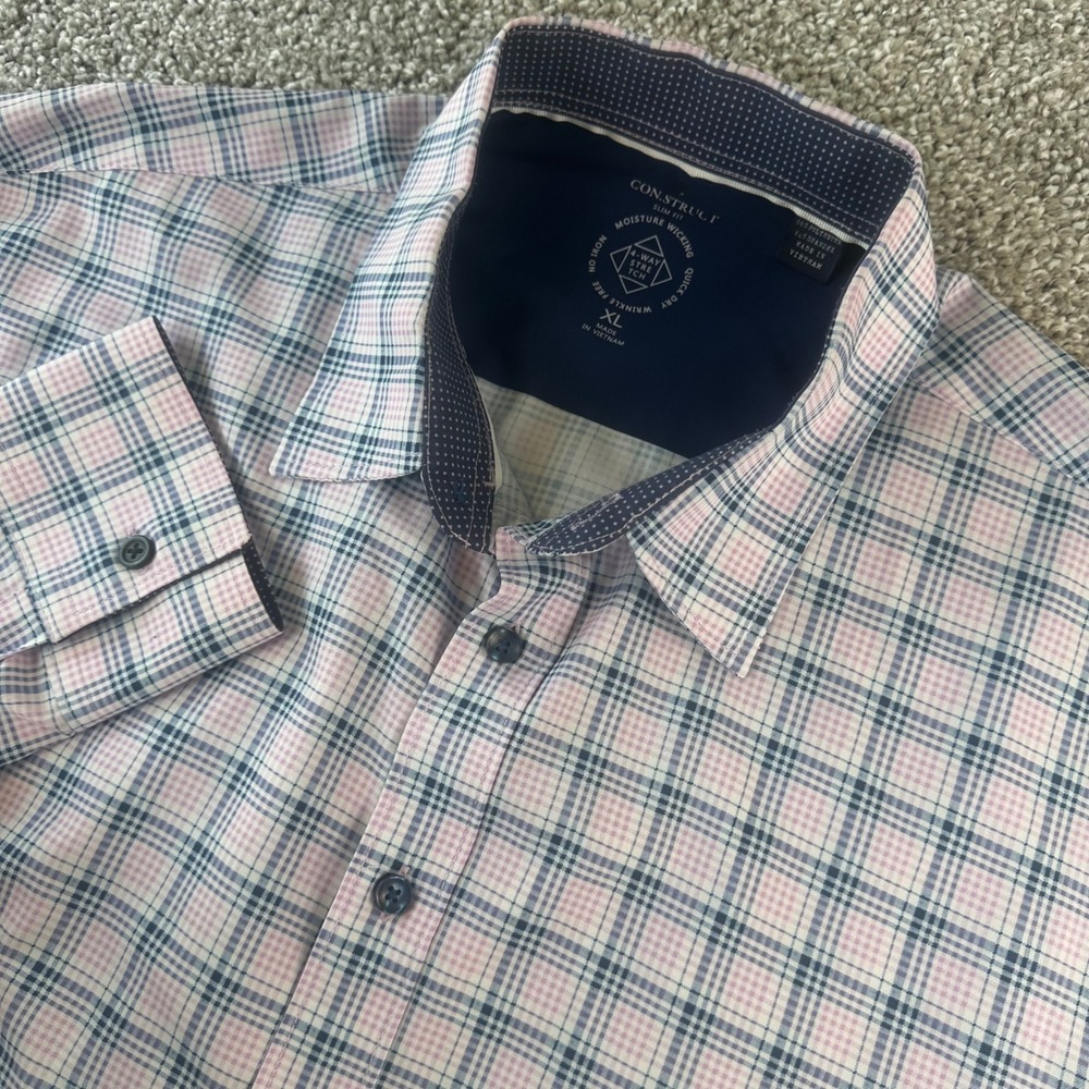Con.Struct Dress Shirt Mens XL Plaid Slim Fit Stretch Performance Preppy Office